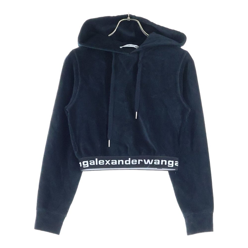 ALEXANDER WANG アレキサンダーワン Cropped Hoodie ロゴテープ コーデュロイ クロップド プルオーバースウェットパーカー フーディー ブラック レディース CA00985