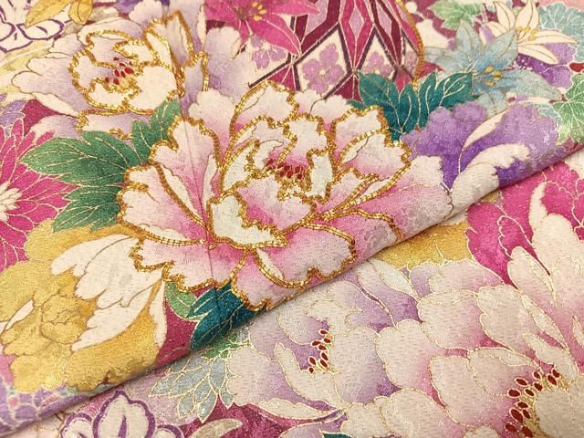 平和屋着物○豪華振袖 絞り 花蝶文 金彩 金通し地 京都きもの