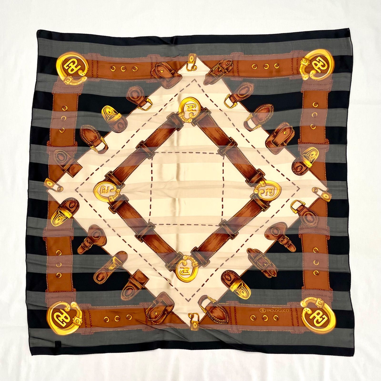 【スーパーセール】 GUCCI PAOLO スカーフ シアー ゴールド ブラック シルク 大判 小物