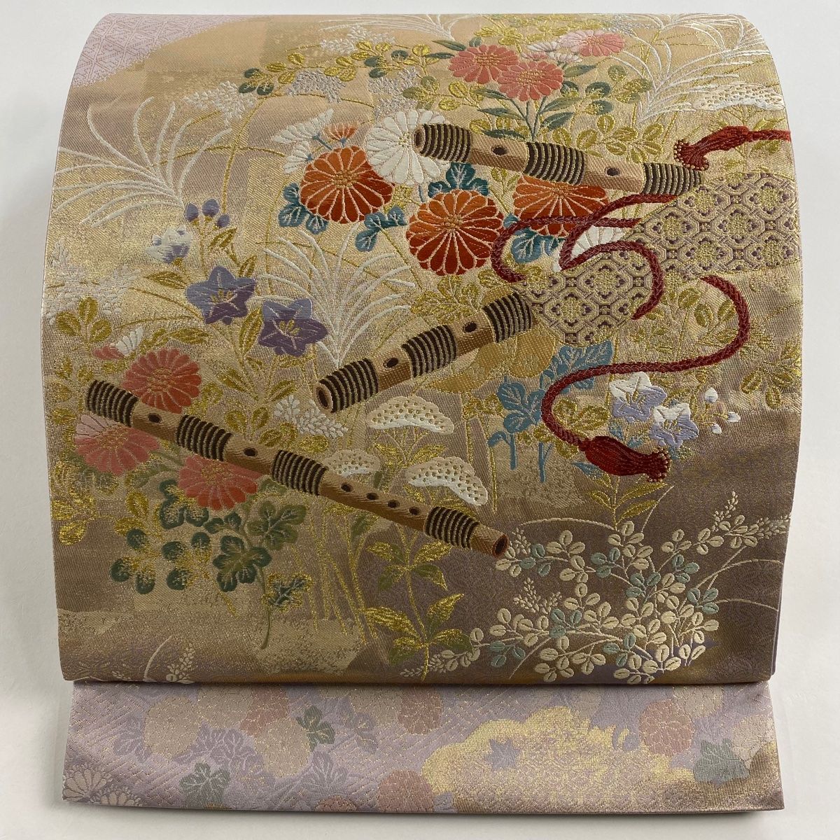 袋帯 秀品 和楽器 秋草 箔 金糸 ベージュ お太鼓柄 正絹