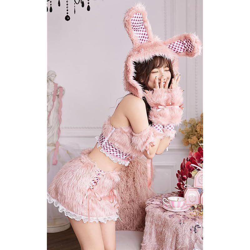 Malymoon コスプレ ハロウィン バニー バニーガール うさ耳 ぬいぐるみ ファー うさぎ ギンガムチェック リボン アイドル 衣装 仮装 マリームーン 8点セット 9960 ピンク 0