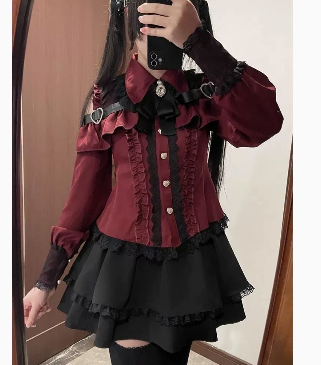ダークメイク系少女スタイル 暗黒系ガールズスタイル三色露肩シャツ＋ハイウエストスカート2点セット