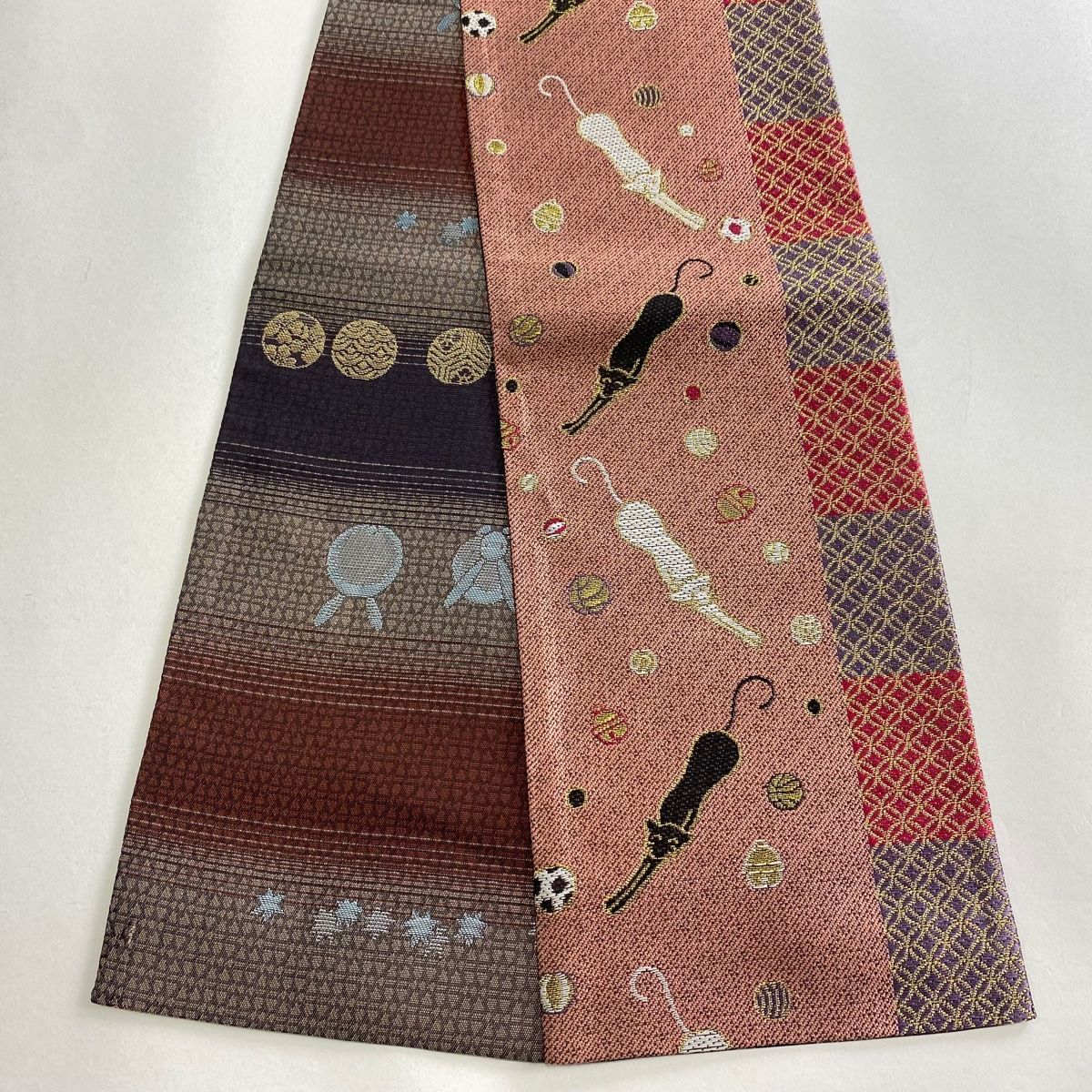 半幅帯 名品 やまと誂製 七宝 猫 金糸 ピンク 正絹