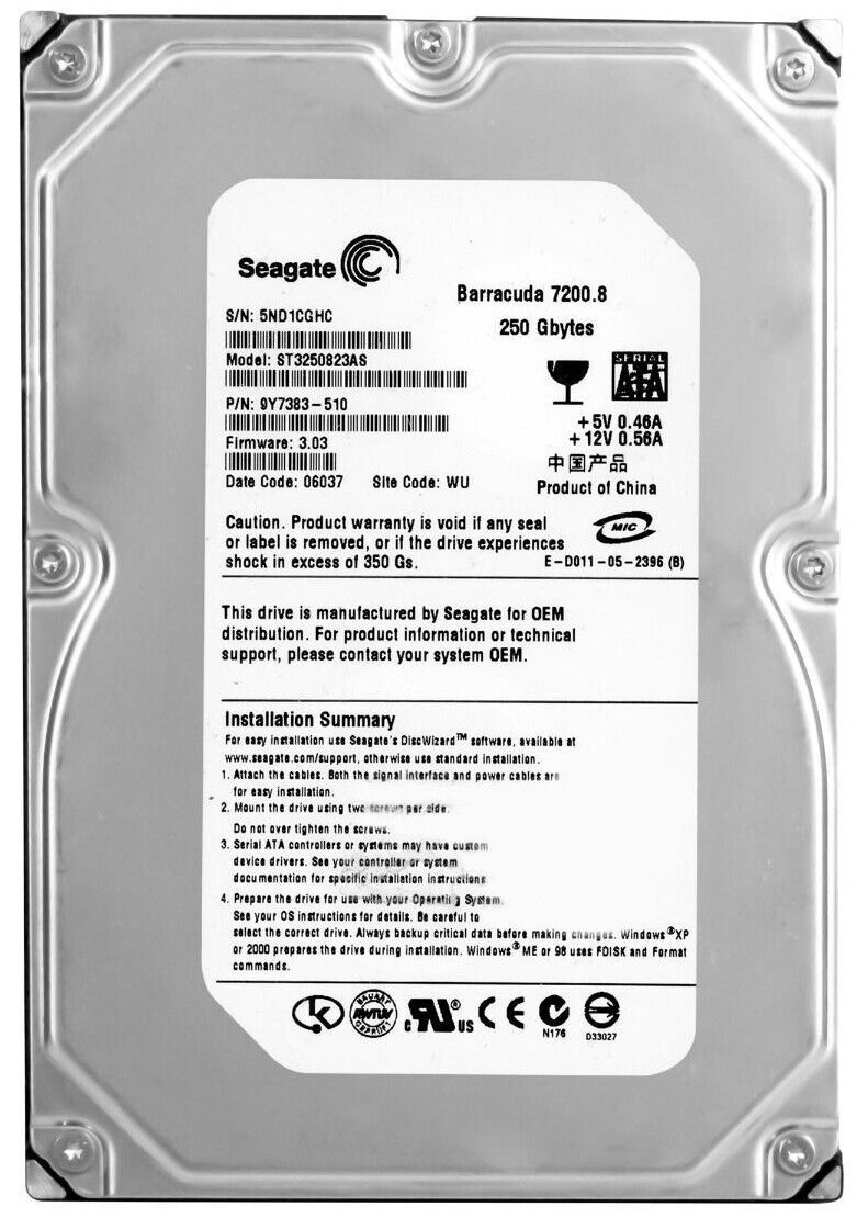 Hard Drive Seagate Barracuda ST3250823AS 250GB 7200RPM 8MB SATA II 3.5´´ Inch