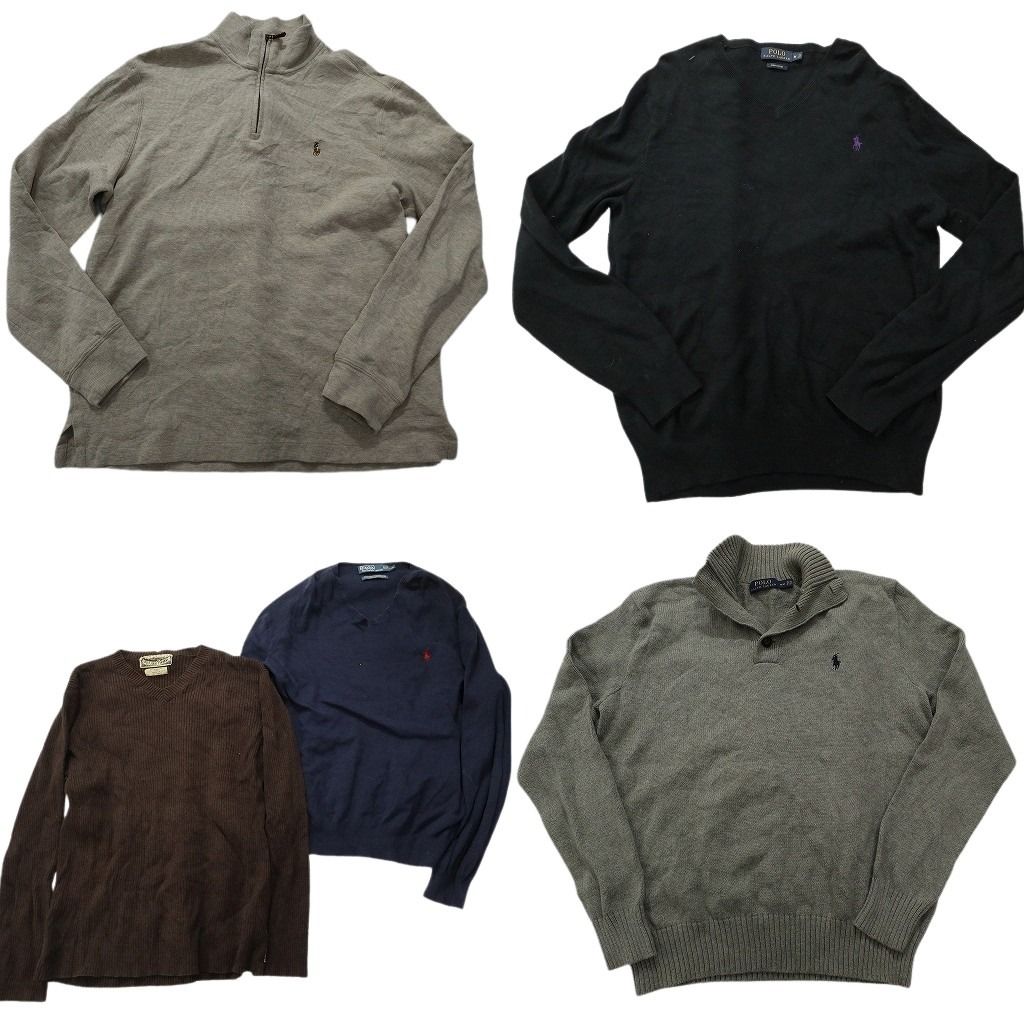 古着卸 まとめ売り ラルフローレン ニット 5枚セット (メンズ Ｍ /Ｌ ) 90s～00s Ｖネック リブニット ハーフジップ 無地 中古 古着 MX9117