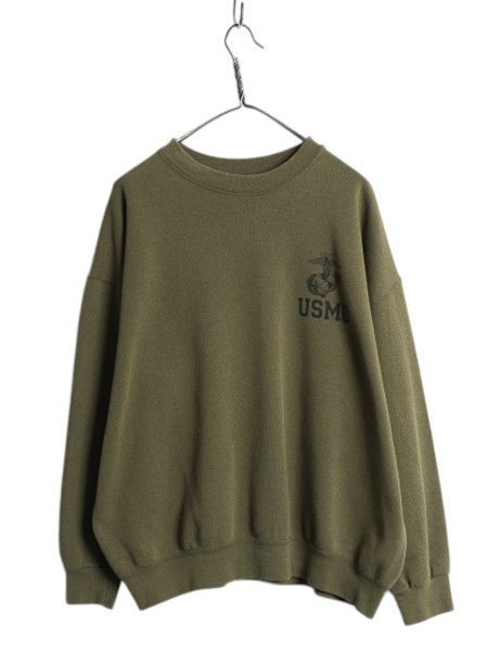 USMC プリント スウェット メンズ XL 程 古着 マリンコープ 海兵隊 トレーナー ミリタリー 裏起毛 スエット ワンポイント オリーブグリーン