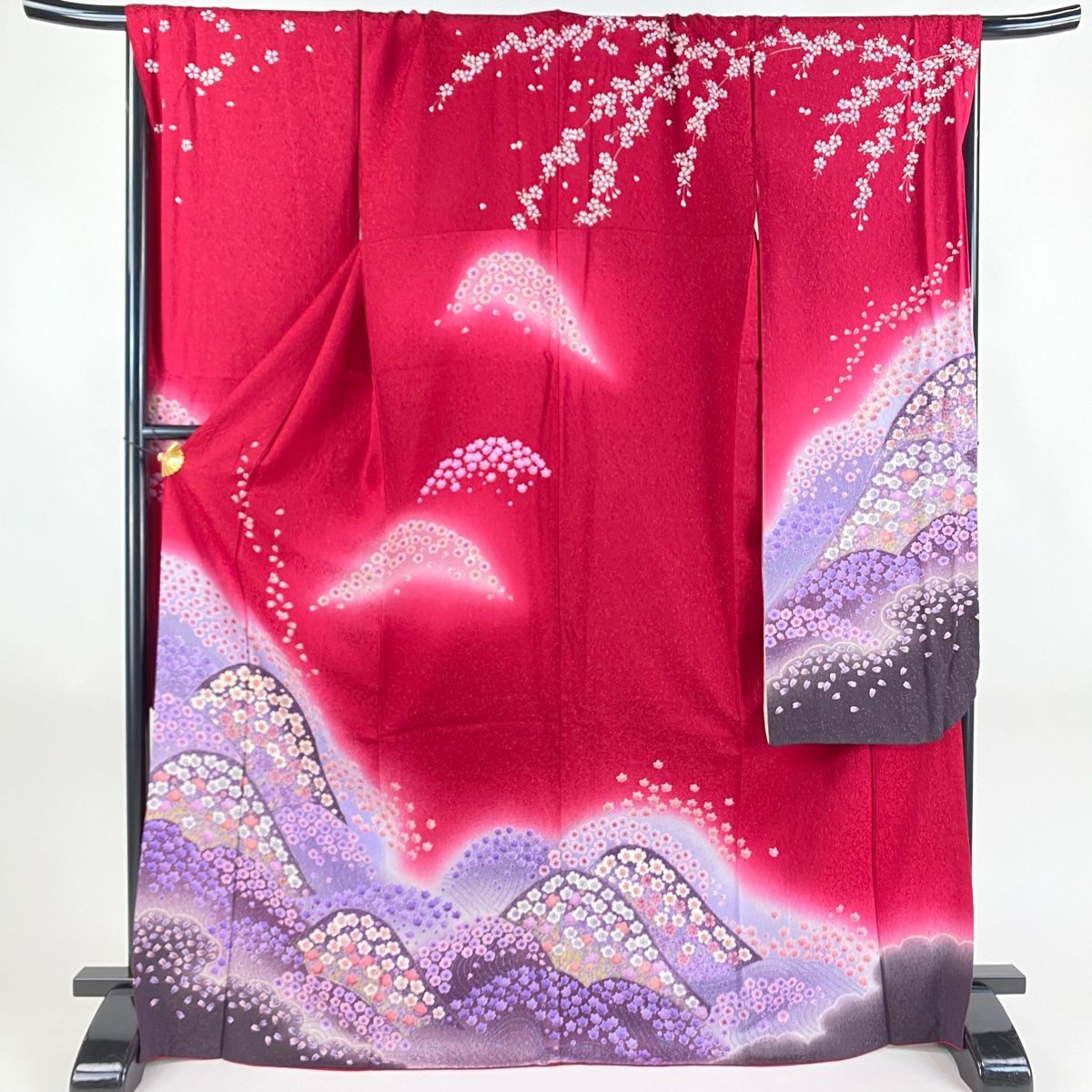 在庫一掃 振袖 身丈171.5cm 裄丈70cm L 袷 花 山並み 金通し 金糸 えんじ色 正絹