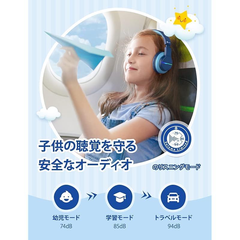【特価商品】iClever 子供用ヘッドフォン Bluetoothヘッドフォン ワイヤレス キッズヘッドフォン 音量制限付き（74/85 / 94dB） 45Hプレイタイム マイク付き 学校/タブレット/PC用 (ブルー)
