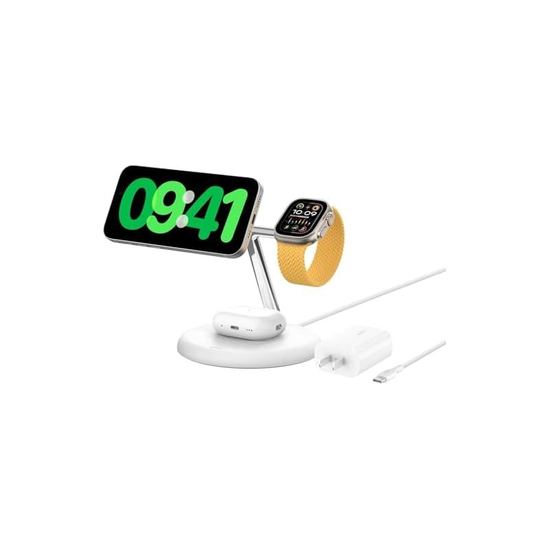 Belkin Qi2 3-in-1ワイヤレス充電スタンド Qi2公式認証|MagSafe対応 iPhone 16|15|14|13|12|Qi2対応スマートフォン 最大15W高速充電 AirPods|ワイヤレス充電対応イヤホン 5W充電 Apple W 0