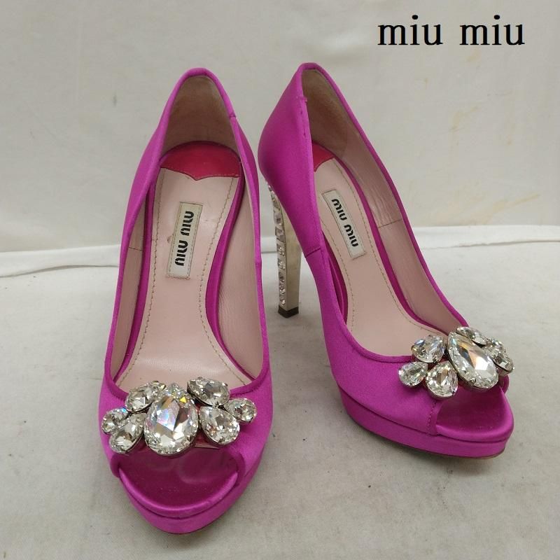 miu miu ミュウミュウ パンプス ビジュー パンプス オープントゥ ハイヒール サテン地 34
