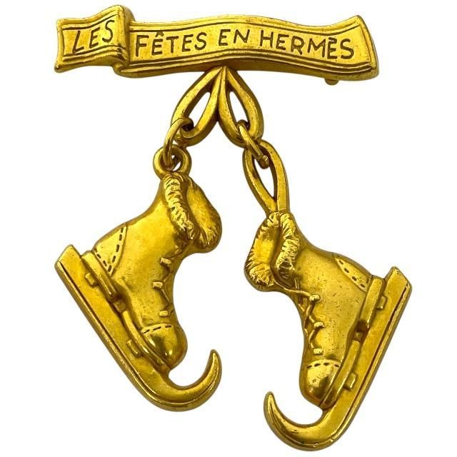 エルメスHERMESスケート靴のブローチ 美品☆エルメス ブローチ スケートシューズ モチーフ ゴールド