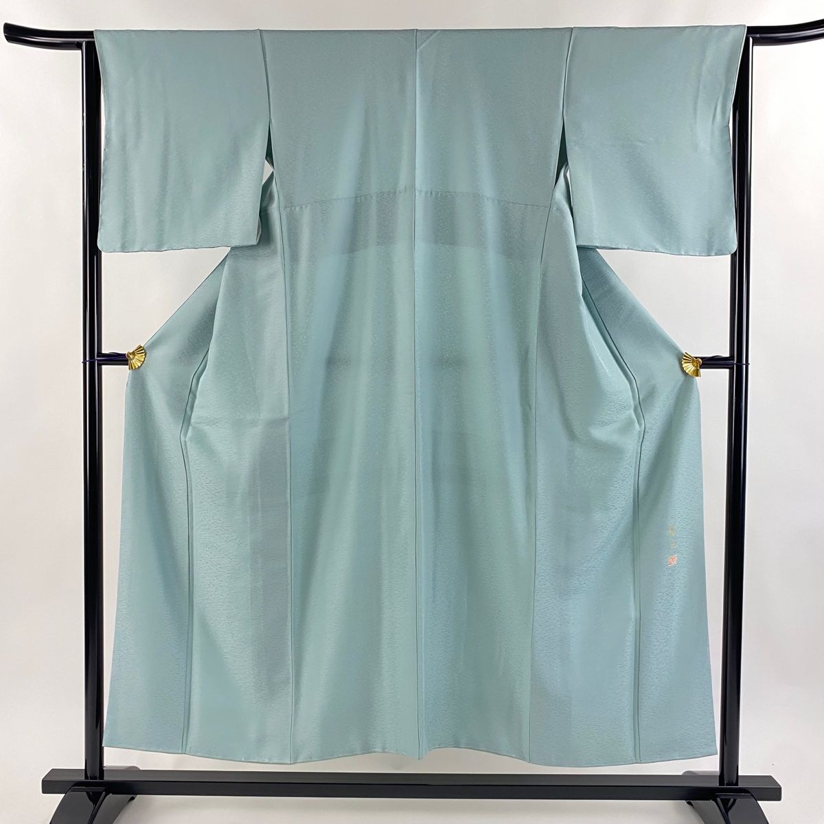 色無地 身丈150.5cm 裄丈64cm M 袷 杉浦伸 落款 地紋 薄青緑 正絹 秀品
