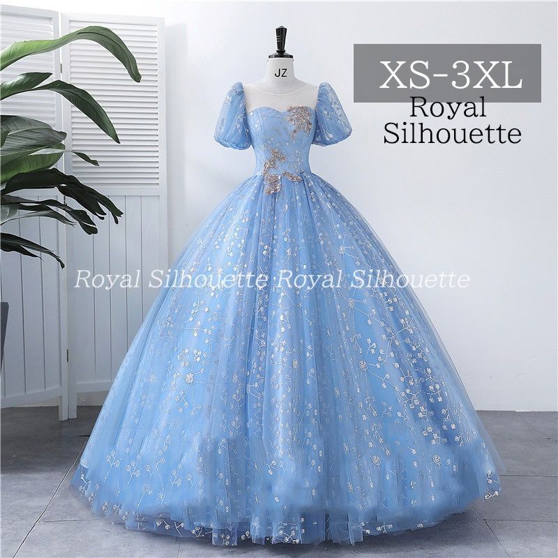 パーティードレス ナイトドレス 結婚式 パフスリーブ 水色 青 ブルー 大きいサイズ 謝恩会 XS S M L XL LL 2XL XXL 3XL XXXL パーティー 姫系 発表会 豪華 紐タイプ 演奏会 プリンセス フェミニン お姫様