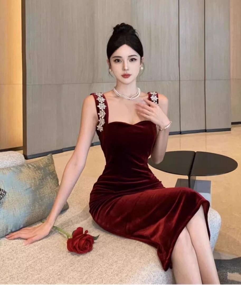 ベルベット ミディ丈 長袖 結婚式 パーティー キャバクラ ラウンジ ドレス ベルベット ミディ丈 タイト パーティー/ナイトクラブ