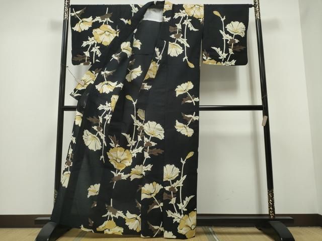 平和屋着物∴夏物 浴衣 コシノジュンコ JUNKO KOSHINO 枝花文 黒地 綿 CAAY4456ng