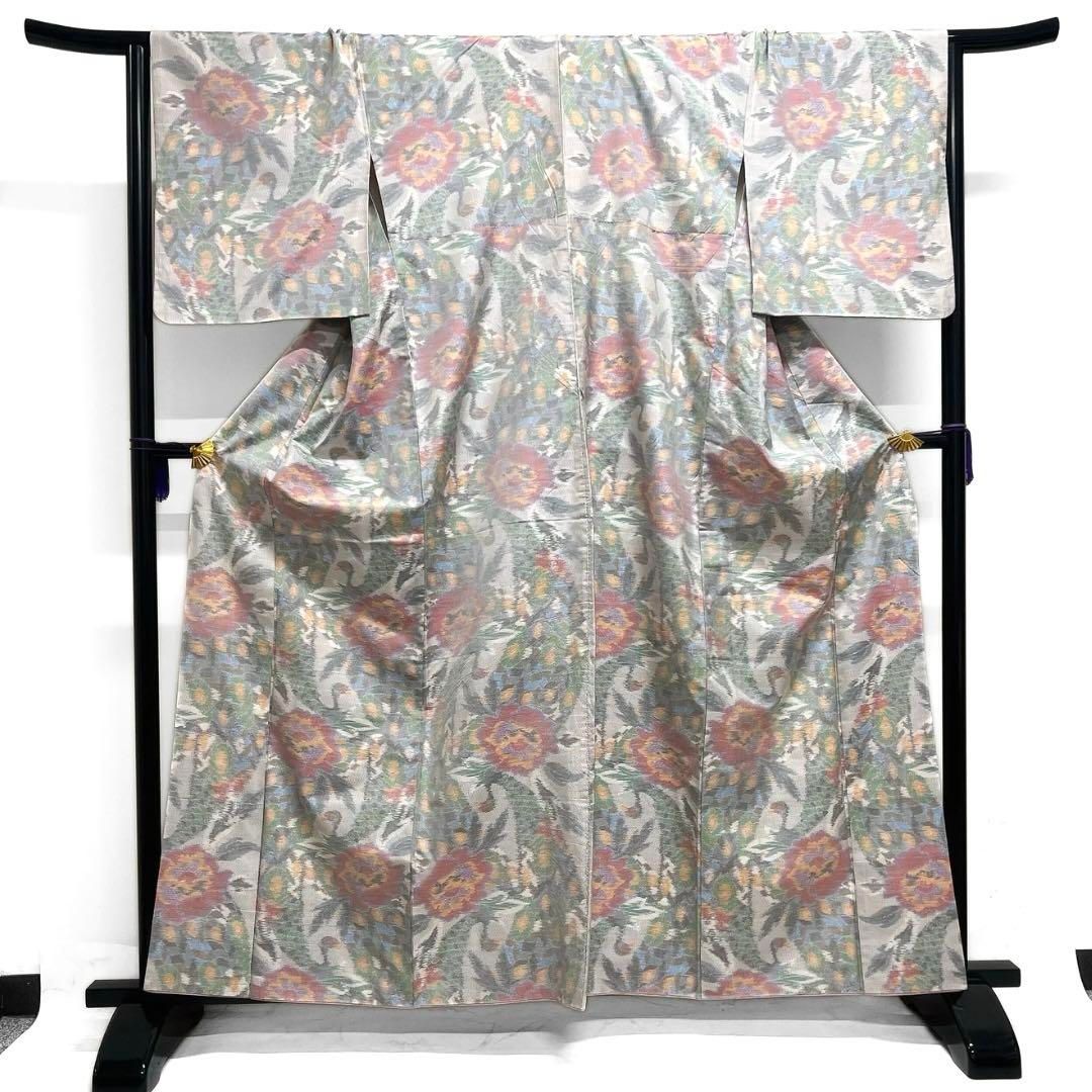 小紋 白大島紬 花模様 鳥 抽象模様 お洒落 着物 103b d