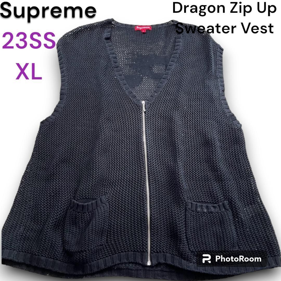 23SS SUPREME シュプリーム Dragon Zip Up Sweater Vest ドラゴンジップアップセーター　ベスト　大きいサイズ XL  メンズ　メッシュ　ブラック　刺繍