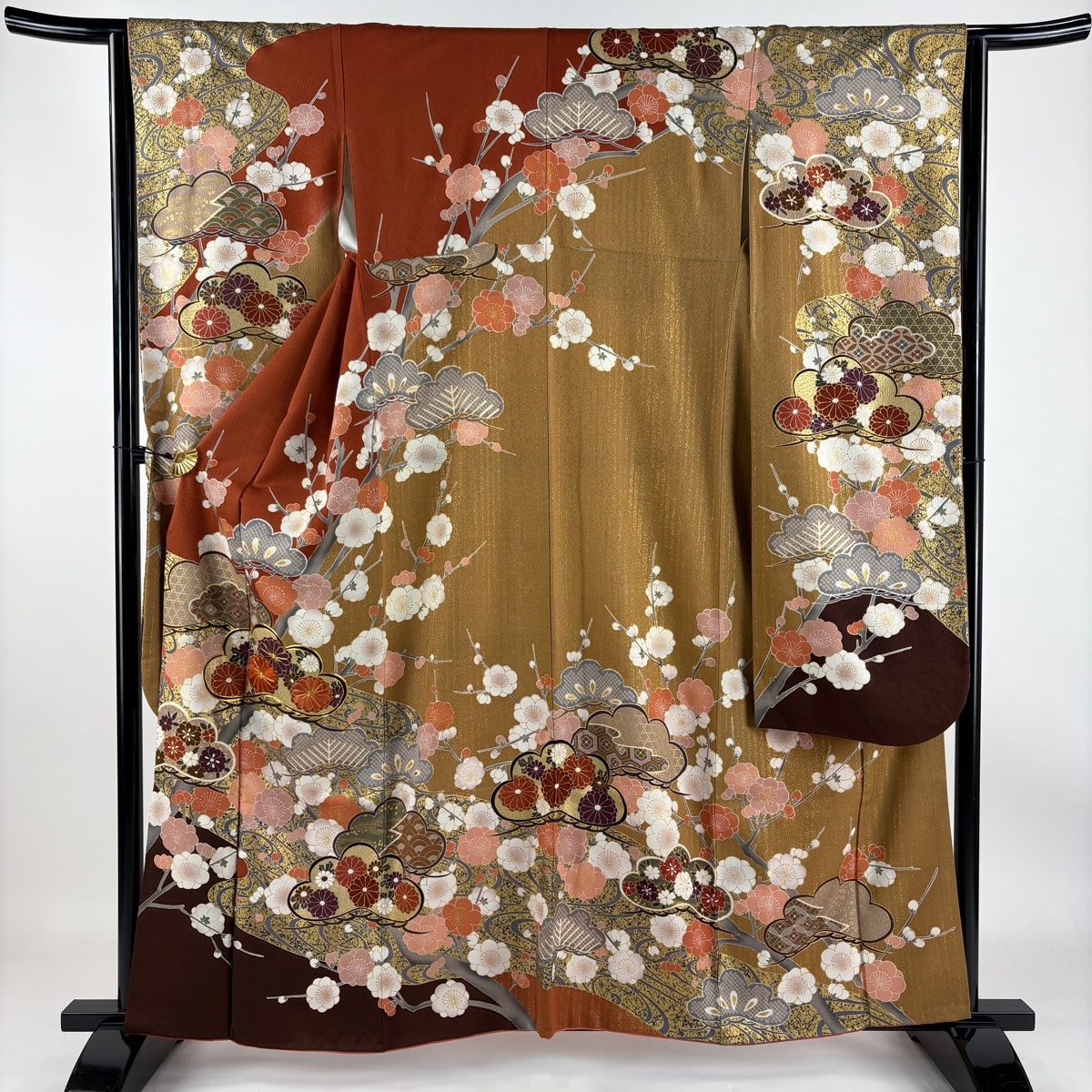 振袖 身丈169cm 裄丈69cm L 袷 扇面 草花 金糸 金彩 赤茶 正絹