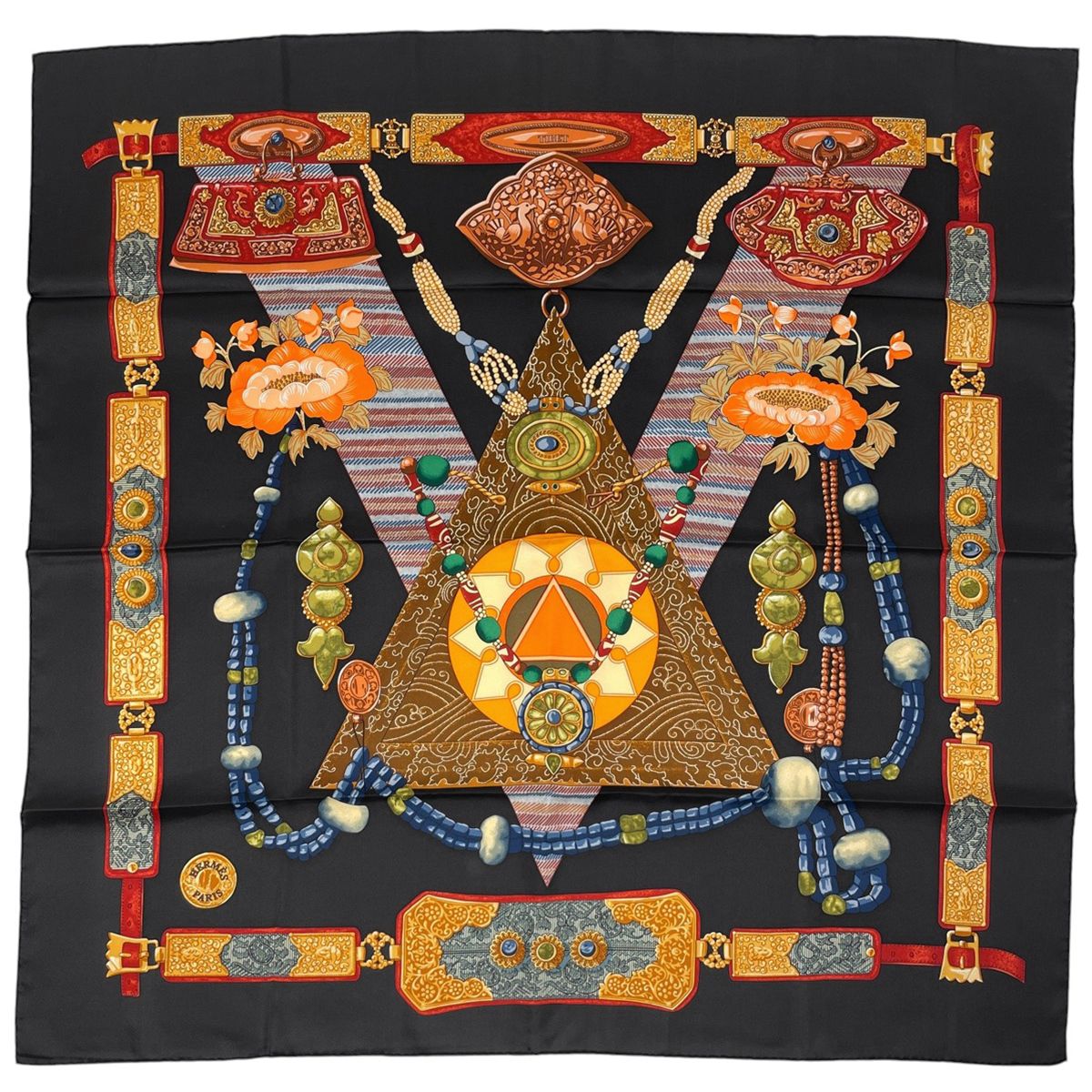 エルメス HERMES カレ 90 TIBET チベット スカーフ シルク ブラック マルチカラー レディース