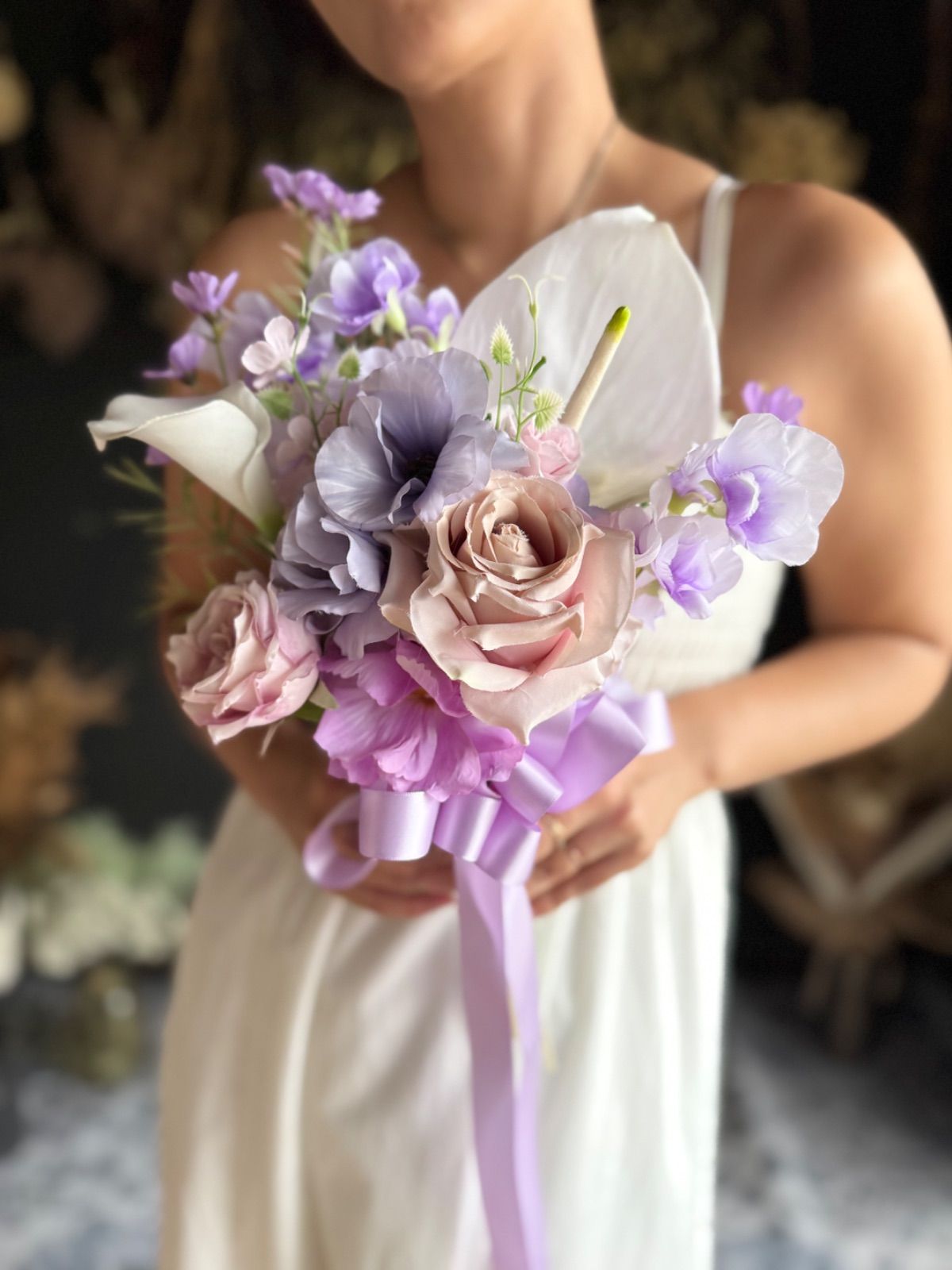 紫×ホワイトクラッチブーケ ブートニア
