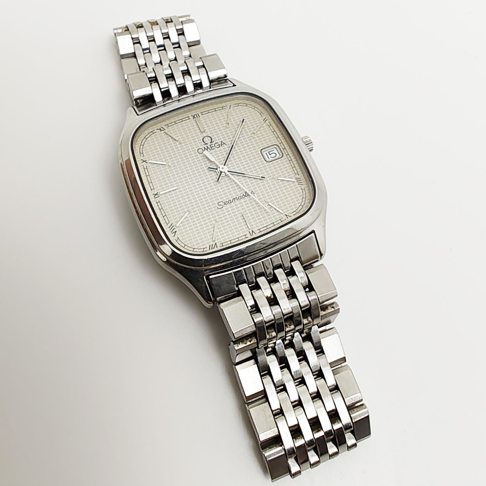 1円★稼働品【オメガ】シーマスター　デイト　ゴールド文字盤　スクエア　スイス製　SSベルト/ゴールド　QZ　メンズ腕時計　キ012 OMEGAシーマスター デイト ゴールド文字盤 スイス製 QZ 正規 稼働品