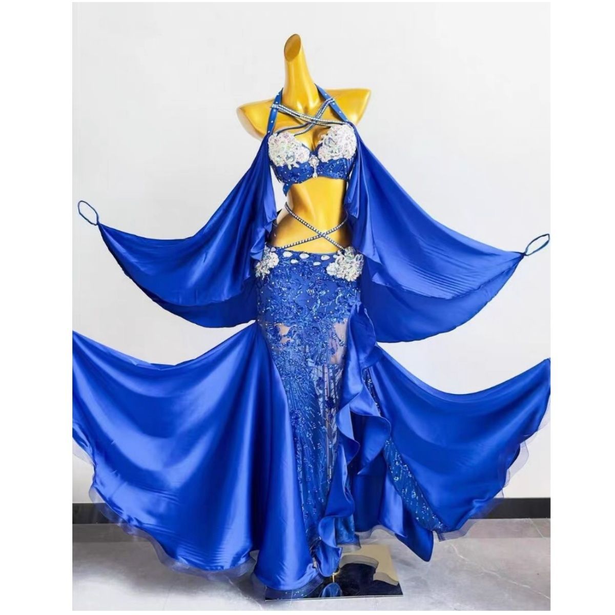 イズ ベリーダンス衣装 ブラベルトスカートセット 東方風 ベリーダンス 衣装 セット ブラジャーと魚尾スカート スパンコールビーズ刺繍 舞台用 2カラー選択