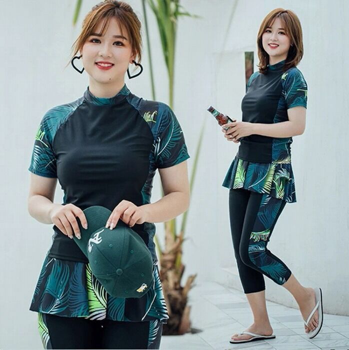 フィットネス水着 セパレート水着 半袖 レディース 3点セット スカート パンツ 洋服みたいな 競技 競泳 体型カバー 海水浴 温泉 韓国風 大人 女性用 上下セット グリーン ハイネック おしゃれ df021x1