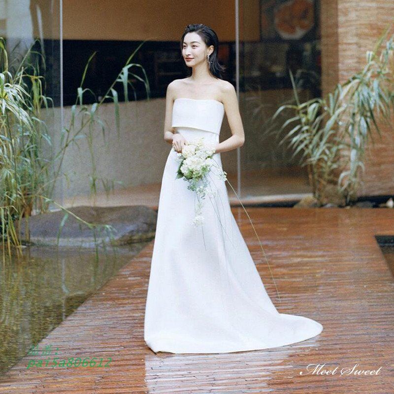 ウェディングドレス ロングドレス スレンダーライン ベアトップ シンプル 二次会 花嫁 結婚式 サテン ウエディングドレス ブライダル 前撮り 挙式 pai5a806612