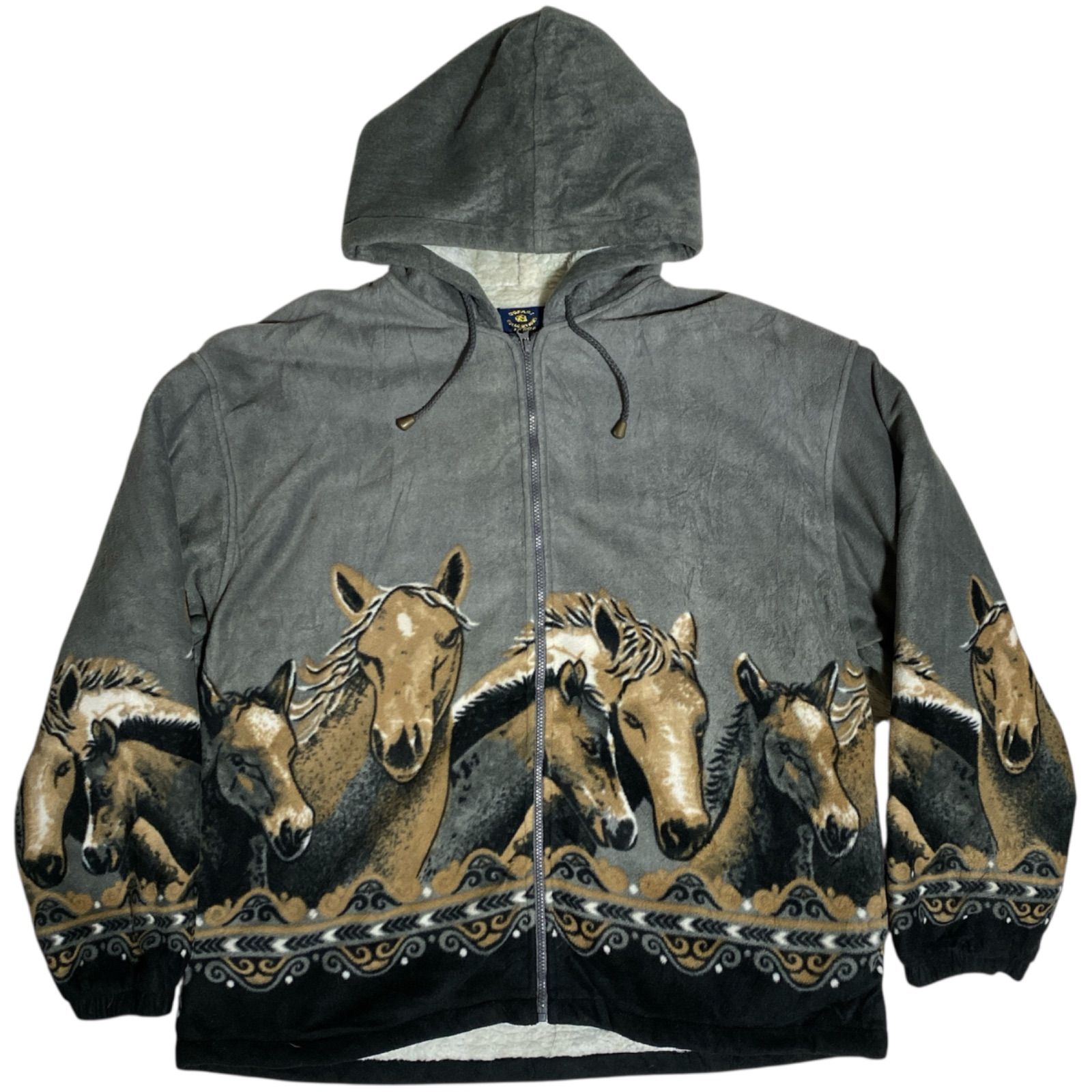 アニマル 馬柄 フリース ジャケット ジップアップ 総柄 90s アウター ビックシルエット メンズ 古着 2XL