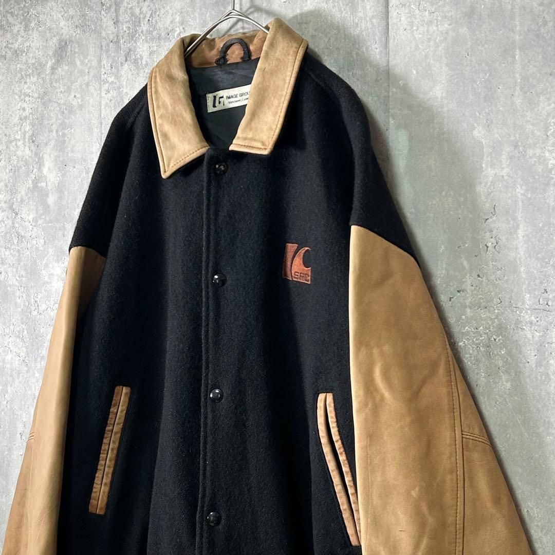 希少 ベロア スタジャン 刺繍 フェイクレザー 切替 黒 茶 ヴィンテージ カナダ製 ヴィンテージ 短丈 スタジャン 刺繍 レザー ウール 黒 茶