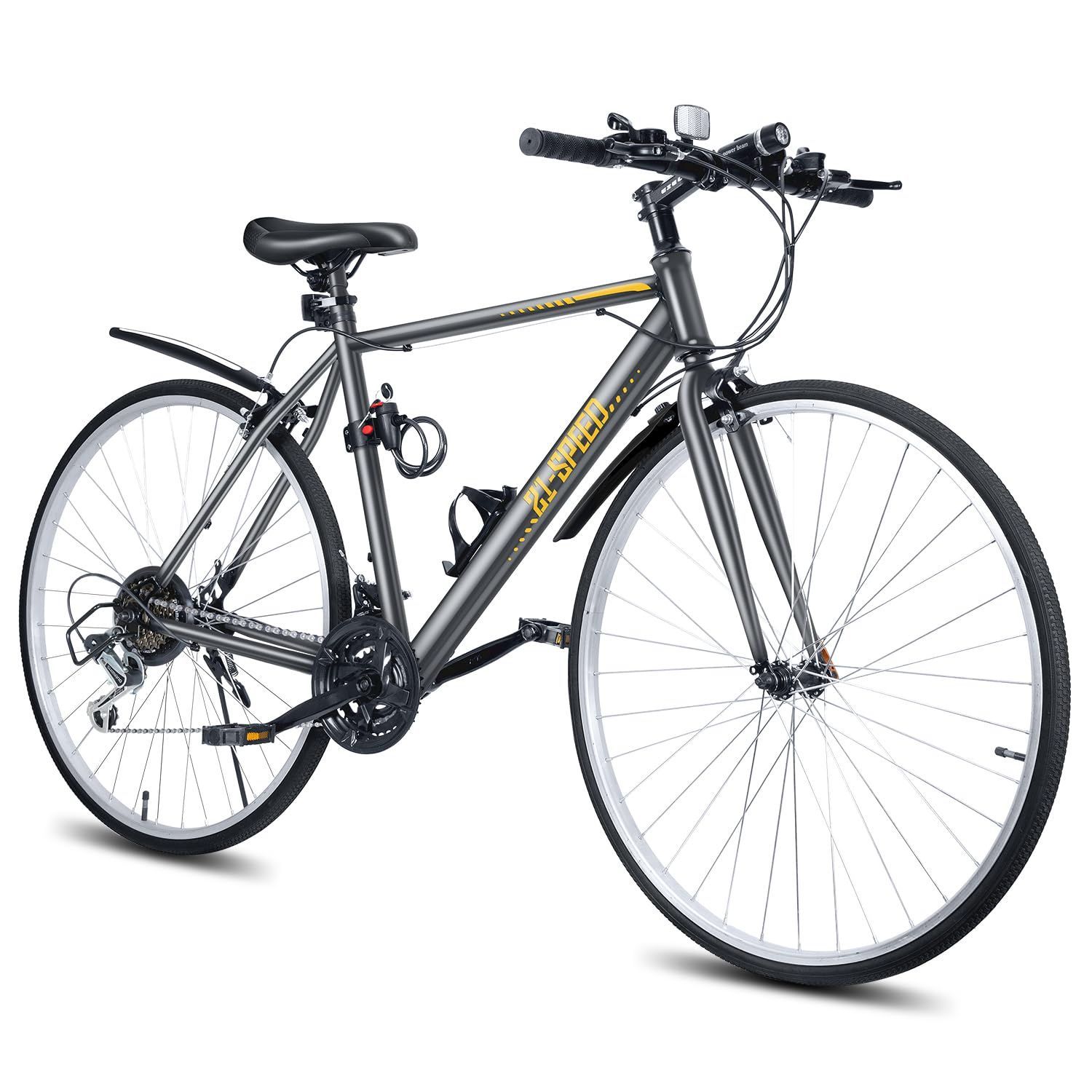 自転車 シマノ変速機 21段変速ギア クロスバイク 700C 27インチ相当 軽量 高炭素鋼フレーム クロスバイク 空気入れ付き 前後泥除け完備 ワイヤーロック ライト Mixiu 反射板 マウンテンバイク 男女兼用 通勤 通学 旅行 街乗り サイクリング