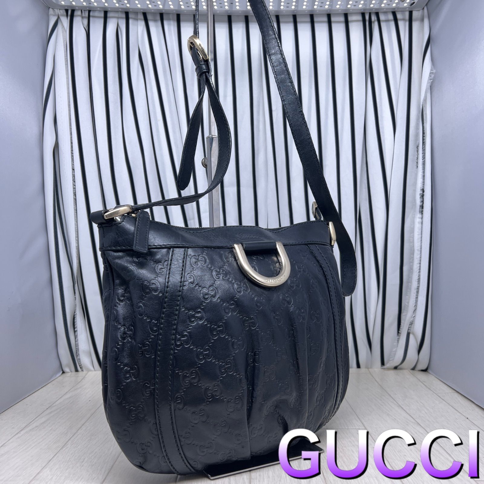 美品】GUCCI×グッチ オールレザーシマライン斜めがけショルダーバッグ 