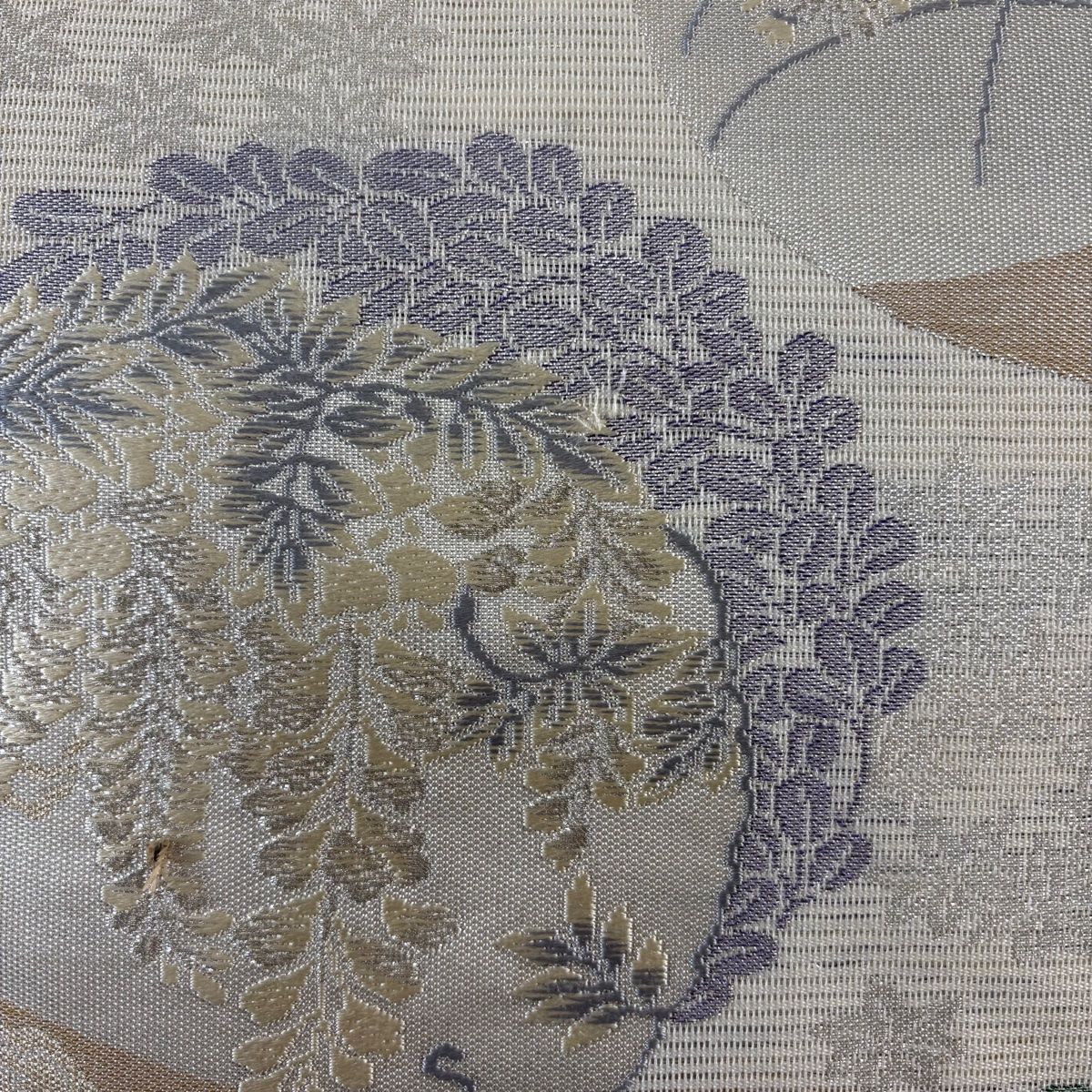 袋帯 美品 秀品 夏帯 絽 竜田川 菊 藤 金銀糸 箔 クリーム 六通 正絹 