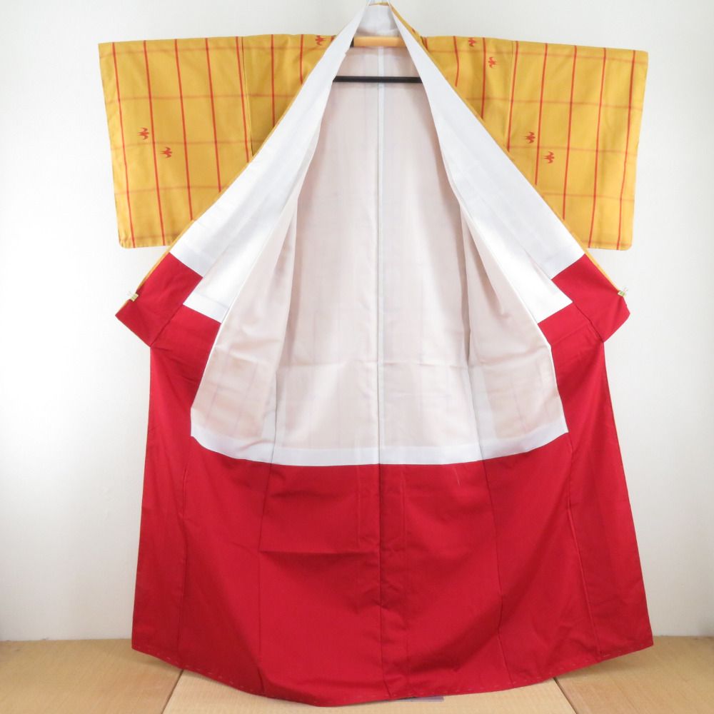 紬 着物 アンサンブル 道中着付 格子文様 袷 バチ衿 黄色 正絹