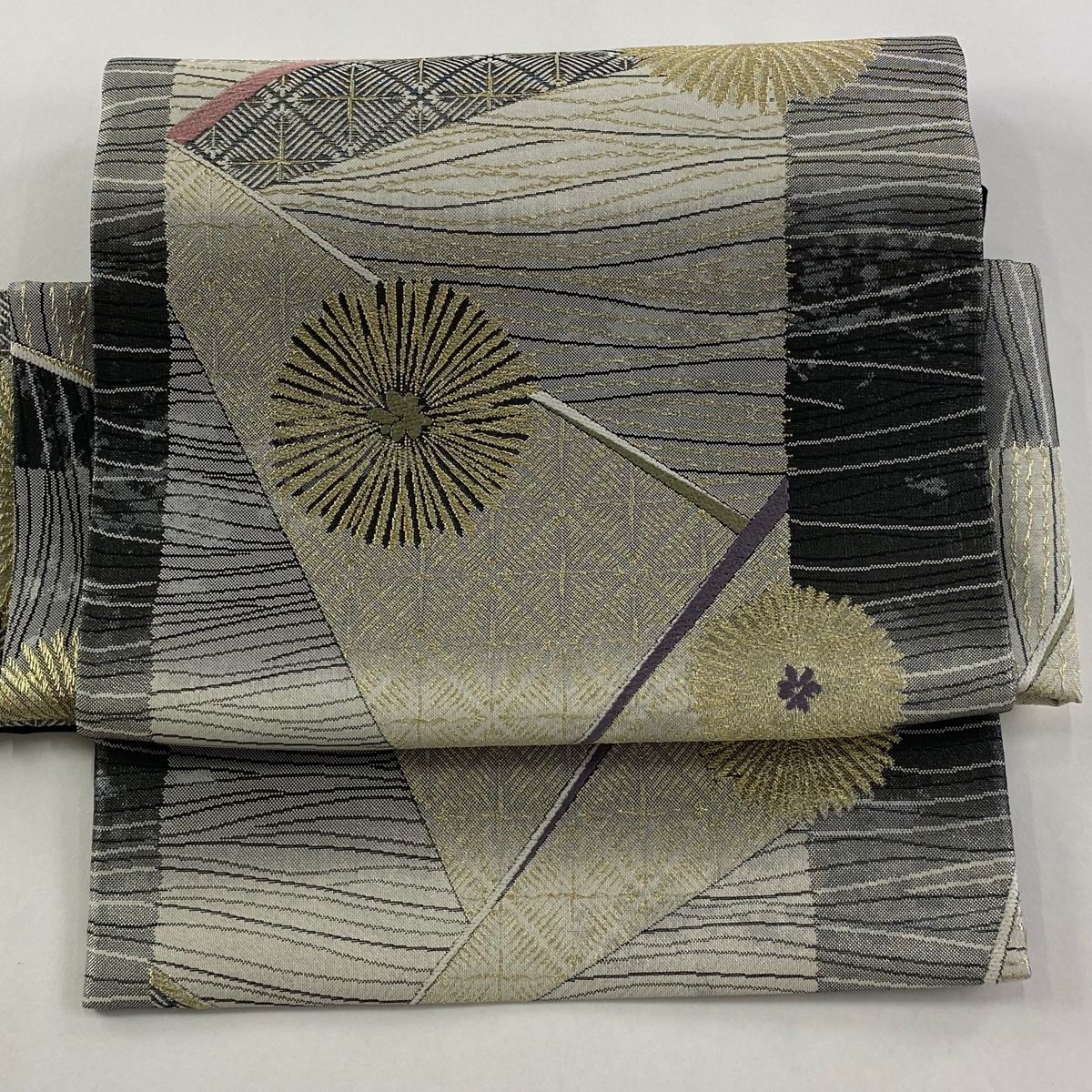 付け帯 秀品 作り帯 若松 若松菱 箔 金糸 灰色 正絹
