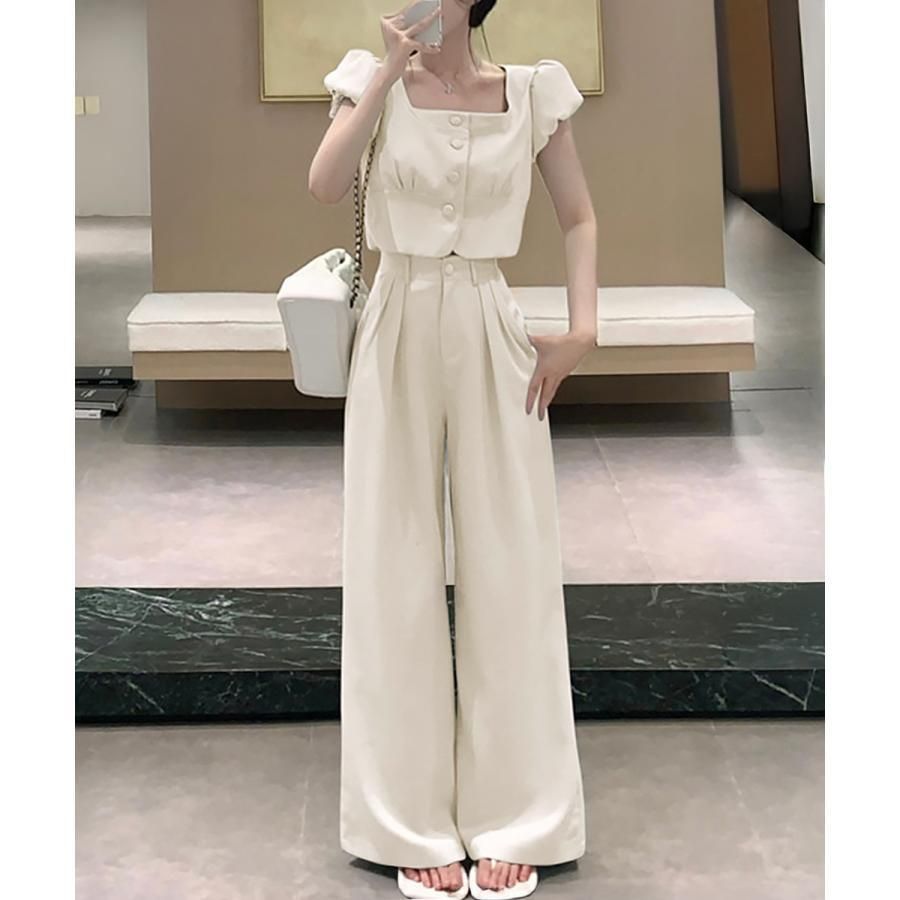 セットアップ春夏半袖トップスワイドパンツ