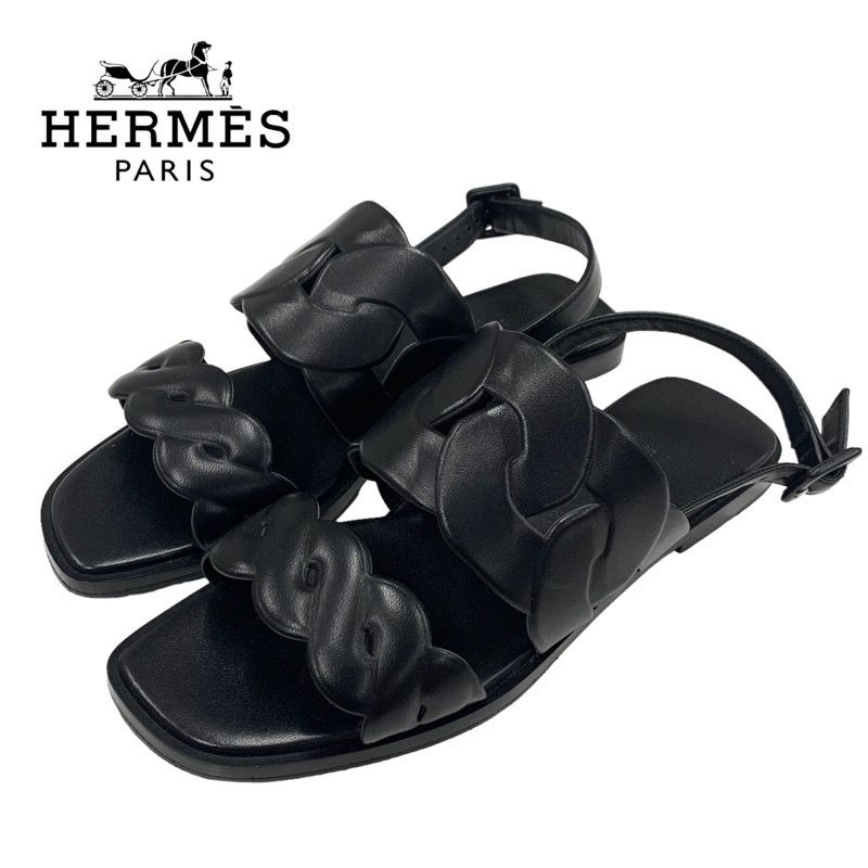 エルメス HERMES グレース サンダル 靴 シューズ レザー ブラック 黒 フラットサンダル