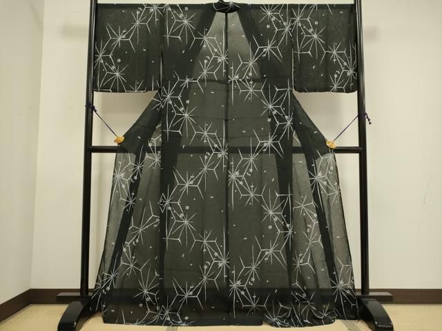 平和屋着物▽小紋 単衣 舞桜文 黒地 洗える着物 CAAV8898gh