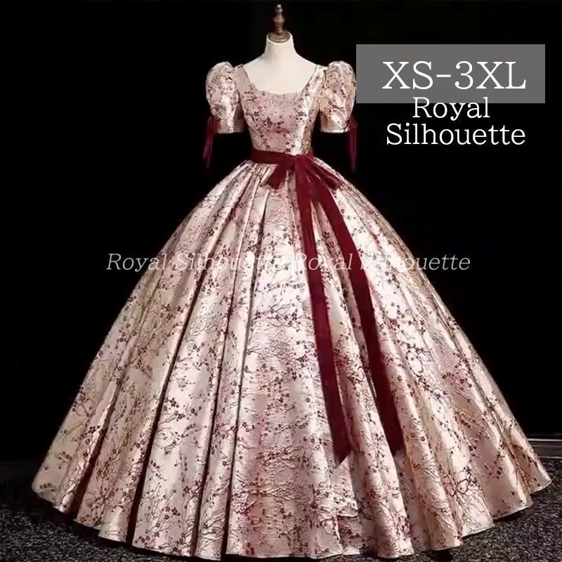 ナイトドレス パーティー ドレス レッド 赤 花柄 パフスリーブ 結婚式 大きいサイズ ドレス 謝恩会 S M L XL LL 2XL XXL 3XL XXXL パーティー 姫系 発表会 披露宴 プリンセス ロング丈 フェミニン 紐タイプ