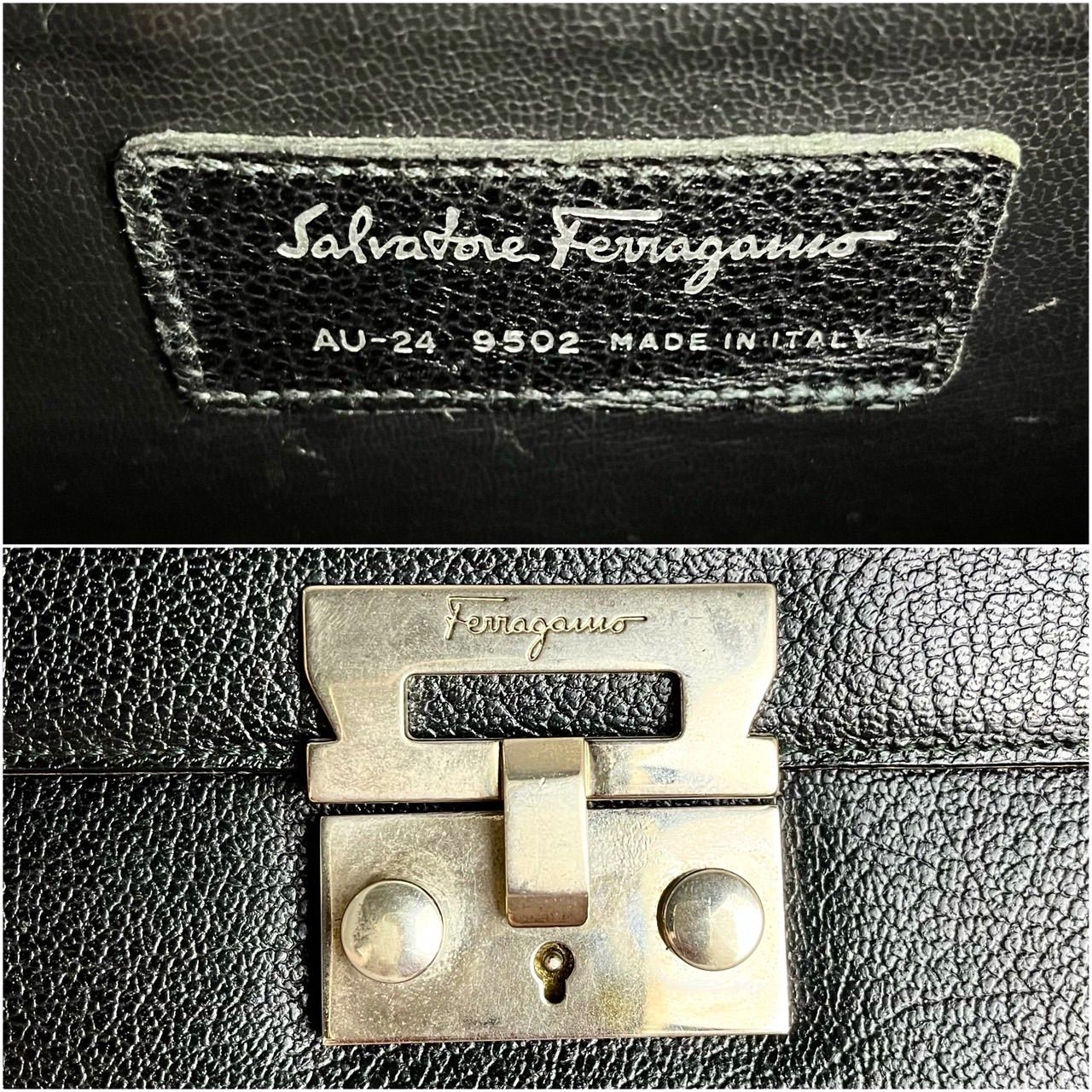 ✨良品✨ Salvatore Ferragamo サルヴァトーレフェラガモ クラッチバッグ セカンドバッグ ハンドバッグ シルバー金具 ロゴ型押し レザー レディース メンズ ブラック 黒色