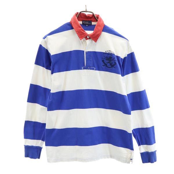 ポロバイラルフローレン ボーダー ラガーシャツ 160 ブルー×ホワイト Polo by Ralph Lauren ロゴ刺繍 ポロシャツ キッズ 【中古】  【230420】