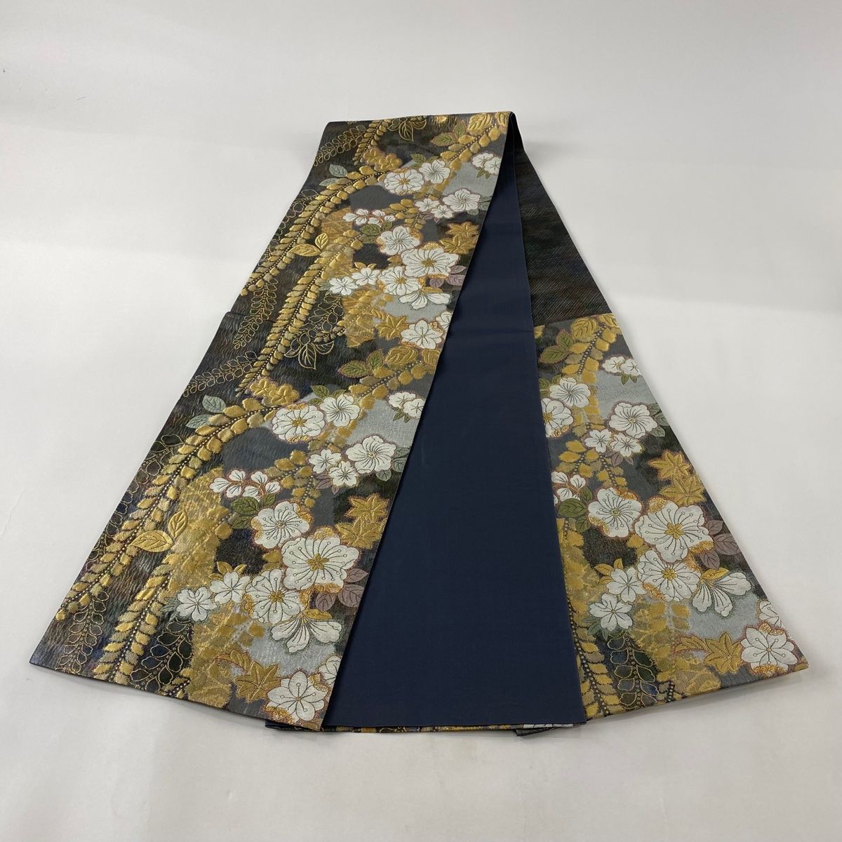 袋帯 美品 秀品 辻ヶ花柄 紅葉 金糸 箔 灰緑 六通 正絹 【中古 