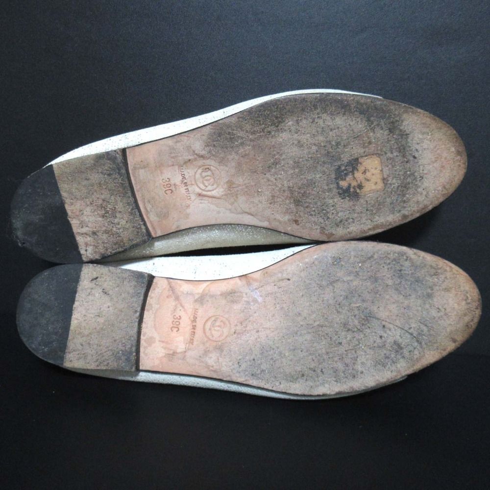 CHANEL シャネル ココマーク リボン バレリーナ フラットパンプス G02819 サイズ39C 25cm相当 ベージュ×ブラック レディース 古着 KIN-KAAI_COM