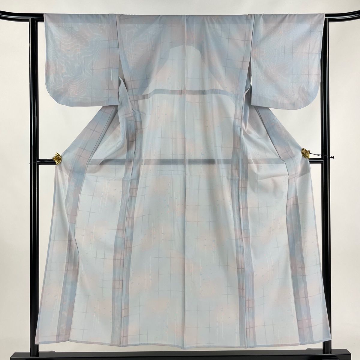 小紋 身丈153.5cm 裄丈64cm M 薄物 絽 幾何学模様 格子 ぼかし 青灰色 正絹 秀品