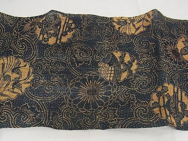 平和屋本店□極上 夏物 古代原始布 科布 八寸名古屋帯 型染め 藍 花  