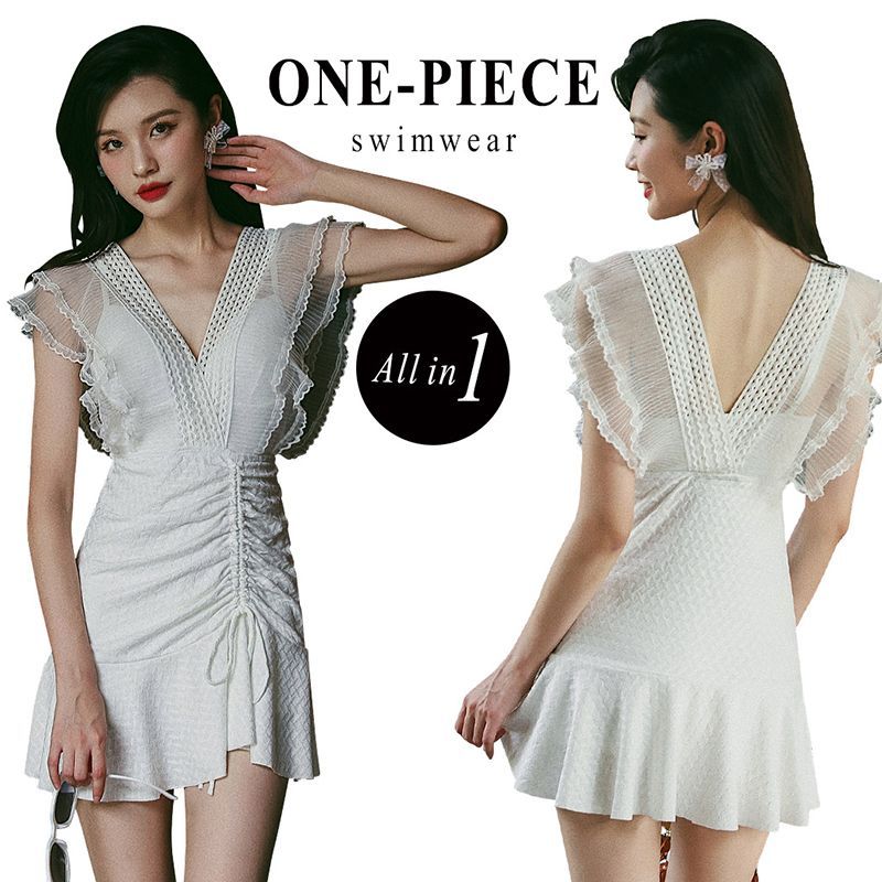 水着 レディース 体型カバー ワンピース オールインワン フリル 胸元 夏 綺麗 パッド付き 大人 ビーチ ガーお洒落 バックフリル シースルー 可愛い レース  nee3u995263