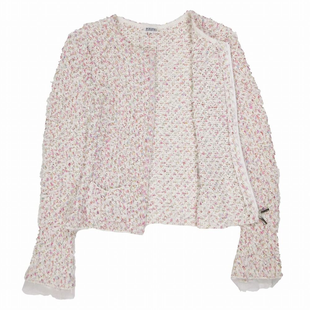 極美品✨FOXEY　ミックスツイードノーカラージャケット　ビジューボタン　38 Eternal Line 2023】ミックスツィードノーカラー