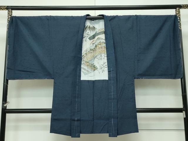 平和屋本店□極上 男性 紬 髭紬羽織セット キングサイズ 濃紺 逸品 未