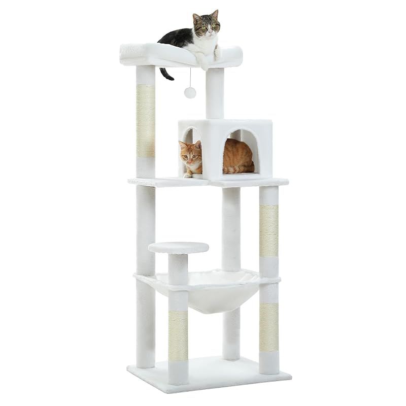 PETEPELA ぺテぺラ キャットタワー スリム コンパクト 大型猫 猫タワー 据え置き置き型 省スペース ハンモック 見晴台 人気 ボンボン 天然麻紐 爪とぎ シンプル 運動不足解消 多頭飼い - ホワイト L 高さ143cm 0