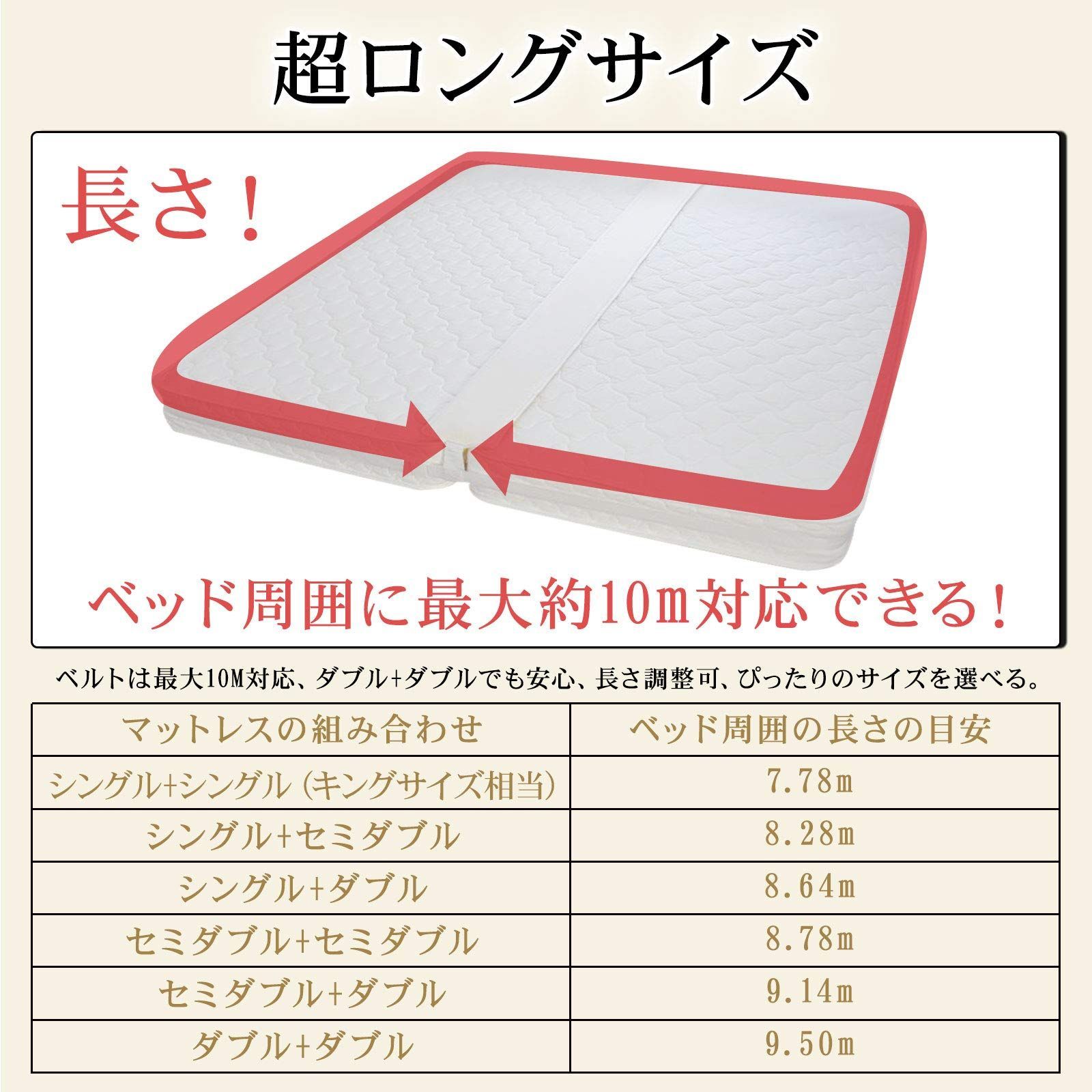 DEWE L ベッド 固定ベルト 連結ベルト マットレスバンド マットレス用 ズレ防止 連結 隙間 バンド 隙間防止 ホワイト 長さ1000×幅5㎝ (ベルトのみ)